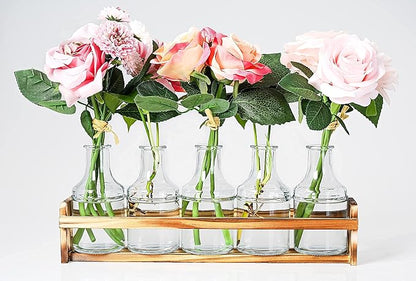 Le'raze Glass Flower Vase with Wooden Holder, Set of 6 Rectangular Bud Vases for Home Decor, Wedding, Mother's Day, Clear Glass, Metal Stand