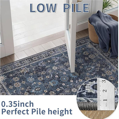 Tangsoo 5x7 Blue Area Rug for Bedroom Living Room, Washable Vintage Floral Rug Non Slip, Low Pile Stain Resistance Distressed Retro Indoor Boho Carpet for Laundry Farmhouse Dinning Room Mat Home Decor