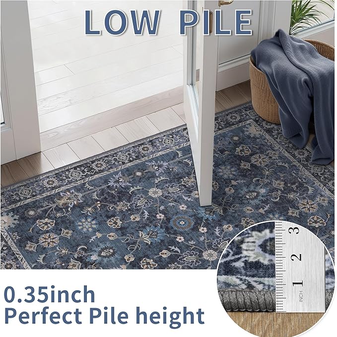 Tangsoo 6x9 Large Area Rug for Living Room, Non Slip Machine Washable Rug for Bedroom, Boho Distressed Vintage Blue Floral Rugs, Soft Low Pile Floor Carpet for Dining Room Office Kitchen Farmhouse