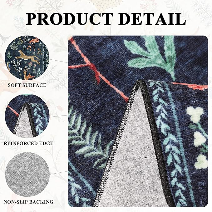 DUKINO 6ft Round Rug for Bedroom, Animal Print Washable Circle Rug with Low Pile Design, Soft Indoor Floor Non Slip Carpet for Entryway, Living Room, Office, Dining Room, Navy Blue
