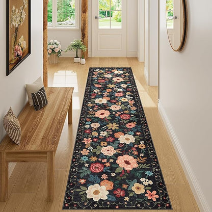DUKINO 2x8 Runner Rug for Hallway, Washable Kitchen Runner Rug with Rubber Backing Non Slip, Low Pile Soft Boho Floral Thin Carpet for Entryway, Hallway, Bathroom, Laundry Room, Black