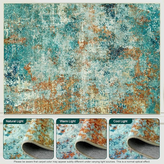 Washable Area Rug 5x7 - Neutral Modern Abstract Rugs, Soft Non Slip Thin Carpet with for Bedroom, Under Dining Room Table, Home, Office, Dorm, Office Rolling Chair - Teal Brick