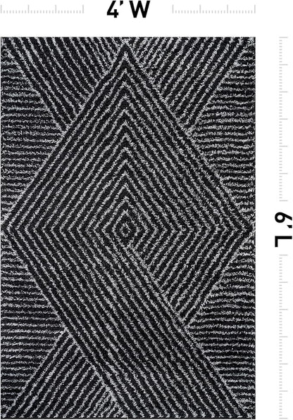 Rugshop Geometric Diamond Stripe Shag Area Rug Anthracite Dark Gray 4' x 6' Ideal for Small Living Rooms, Offices, or Beside The Bed
