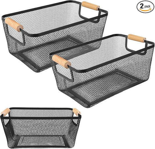 2Pack Metal Mesh Steel Basket with Bamboo Handle - Wire Metal Basket for Kitchen Organization, 12" Wide Food Organizer Bin, Perfect for Organizing Bulk Pantry (BLACK)