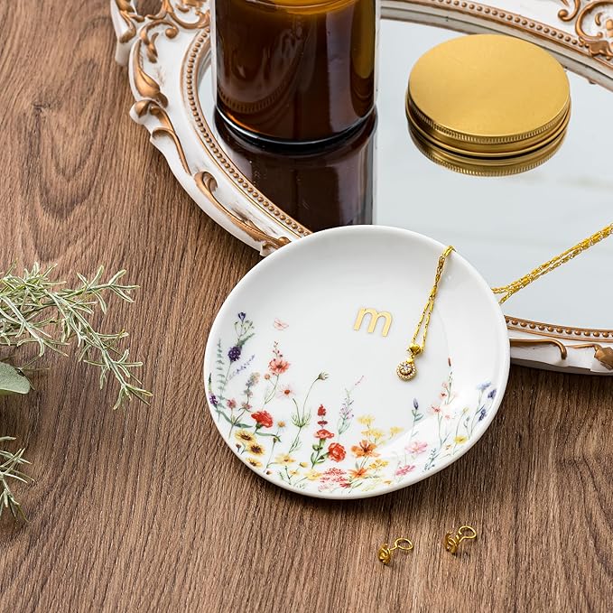 Crisky Initial Jewelry Ring Dish & Gift Box, Ceramic Flower Trinket Dish for Rings Earrings Necklaces, Bridal Shower/Bridesmaid/Engagement/Birthday Gifts for Women, Friends 4.57" (Gold Foil M