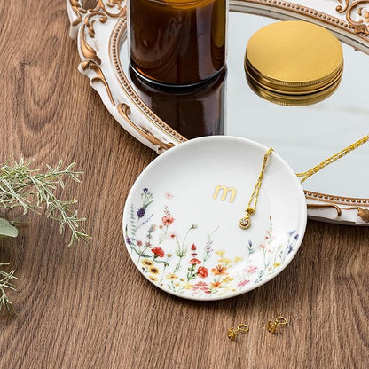 Crisky Initial Jewelry Ring Dish & Gift Box, Ceramic Flower Trinket Dish for Rings Earrings Necklaces, Bridal Shower/Bridesmaid/Engagement/Birthday Gifts for Women, Friends 4.57" (Gold Foil M