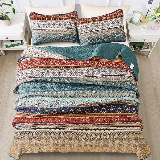 WONGS BEDDING Boho Quilt Set California King, Green and Brown Bohemian Striped Pattern Printed Quilt Coverlet, Lightweight Microfiber Bedspread for All Season 106"x96"(3 Pieces, Cal King)