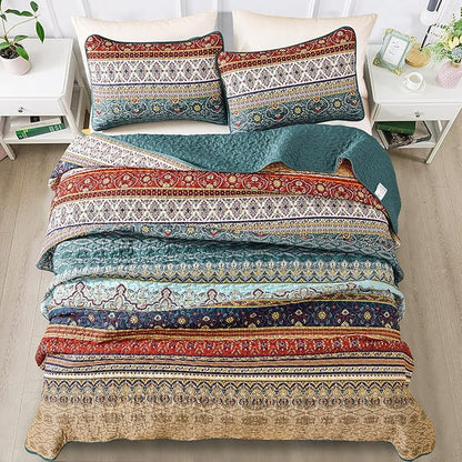 WONGS BEDDING Boho Quilt Set California King, Green and Brown Bohemian Striped Pattern Printed Quilt Coverlet, Lightweight Microfiber Bedspread for All Season 106"x96"(3 Pieces, Cal King)