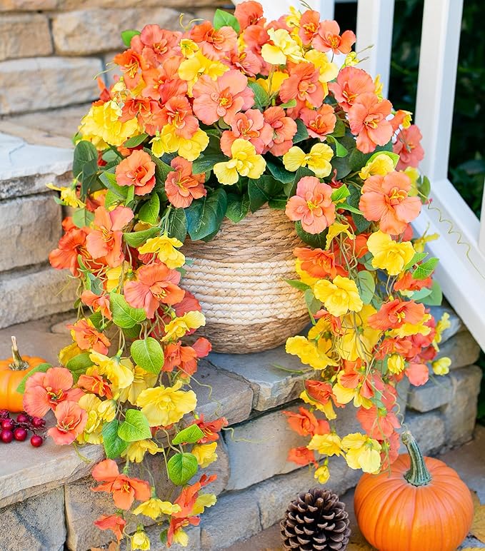 HyeFlora Hibiscus Fall Flowers Artificial Hanging Flowers Plants for Outdoors Autumn Decoration, 4pcs Silk Hibiscus Vines Realistic UV Resistant Faux Flowers for Outside Planters Yard Garden Home, Mix