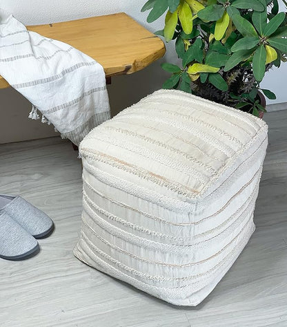 Chardin home Unstuffed Ottoman, Cozy & Bohemian Pouf Covers, Hand Crafted Casual Seating, Footrest, Square Floor Pillow for Home, Office, Bedroom, Living Room, 16 x 16 x16 Inch., Ivory-Beige.
