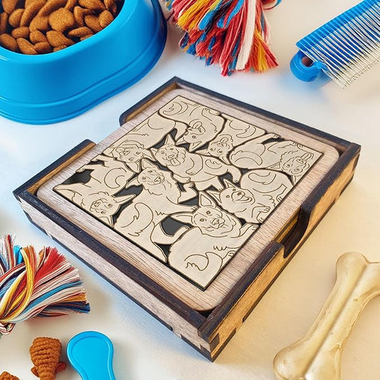 02 German Shepherd Dog Coaster - German Shepherd Dog Puzzle Wooden Coaster Set - Interlocking Jigsaw Drink Mats with Laser-Cut Design