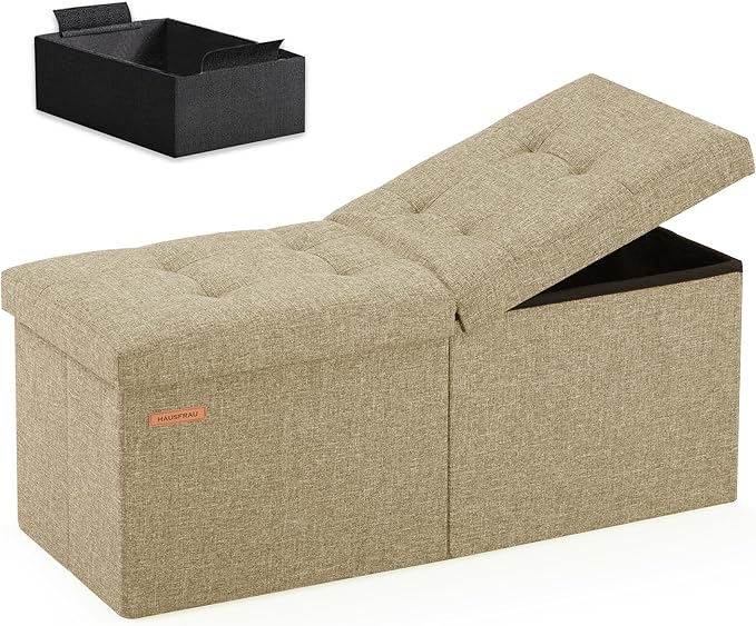 HAUSFRAU 31.5 Inches Ottoman with Storage Bench, Folding Ottoman Bench Small Foot Rest Stool, Bedroom Bench with Flipping Lid, Linen Kaki