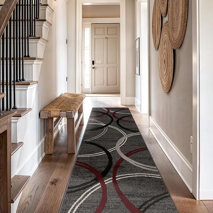 Rugshop Modern Wavy Circles Design Non-Shedding Runner Rug, Carpet for Hallway, Entryway, or Kitchen, Red, 2'7" x 10'