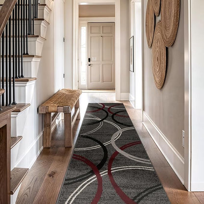 Rugshop Modern Wavy Circles Design Non-Shedding Runner Rug, Carpet for Hallway, Entryway, or Kitchen, Red, 2'7" x 10'