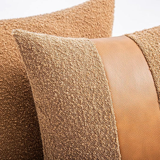 18"x18" Tobacco Boucle Throw Pillow Covers with Faux Leather Accents Set of 2 Fluffy Textured Decorative Pillow Cases for Couch Bed Boho Farmhouse Square Cushion Covers for Nordic Home Décor