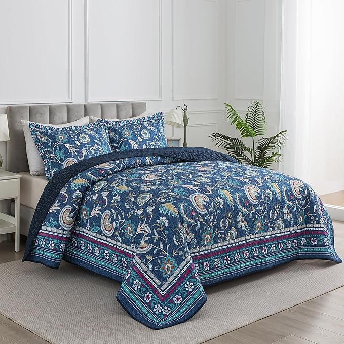 HoneiLife Queen Quilt Bedding Sets - Floral Quilt Bedding Sets 3-Piece 90x96, Microfiber Reversible Bedspreads Patchwork Coverlet Rustic Bedding Set All Season Quilts