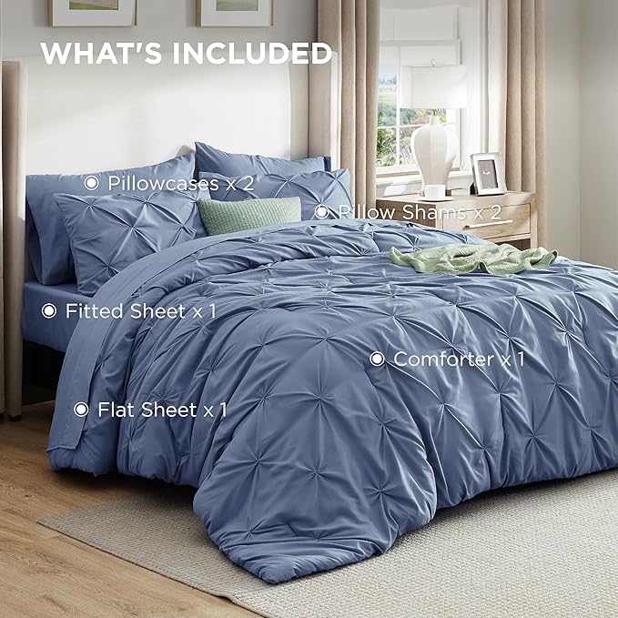 Bedsure Queen Comforter Set Slate Blue - Bed in a Bag Queen Size Bedding 7 Pieces, GentleSoft™ Pintuck Bed Set Gift for Family, Pinch Pleat All Season Comforter with Sheets, Pillowcases & Shams