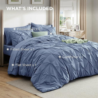 Bedsure Queen Comforter Set Slate Blue - Bed in a Bag Queen Size Bedding 7 Pieces, GentleSoft™ Pintuck Bed Set Gift for Family, Pinch Pleat All Season Comforter with Sheets, Pillowcases & Shams