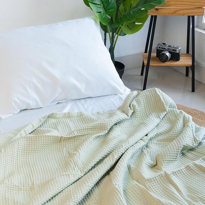 Salt Earth GOTS Certified 100% Organic Cotton Throw Blanket, 55"x60" Waffle Blankets & Throws for Bed, Throw Blanket for Couch, Cozy Christmas Blankets and Throws for Christmas Gifts (Sea Foam)