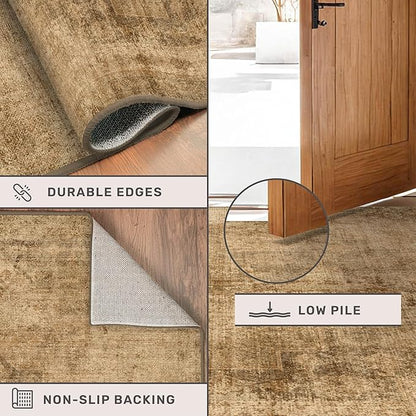 Large Brown Golden Rug for Dining Room Table - Rustic Farmhouse 9x12 Area Rug for Living Room, Bedroom Under Bed, Non Slip with Rubber Backing & Stain Resistant