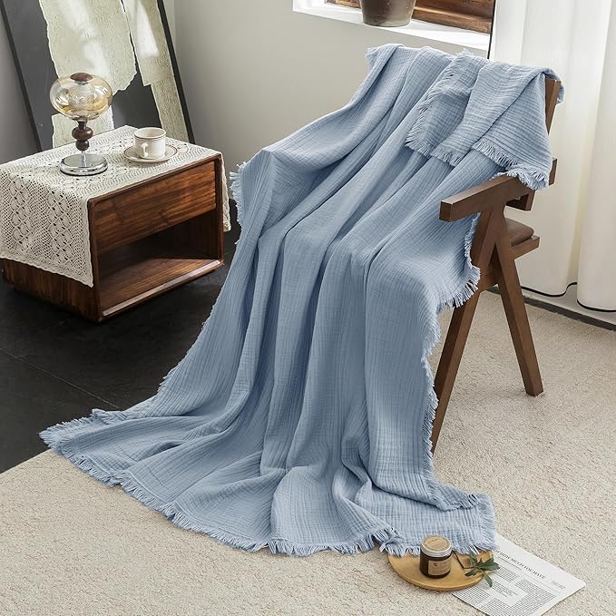 FOSSA Muslin Blanket with Fringe - 4-Layer 100% Cotton Gauze Super Soft & Breathable Throw -Lightweight Decorative Cooling Blanket for Bed, Sofa, Office (Cornflower Blue, Throw XL (50" × 70"))