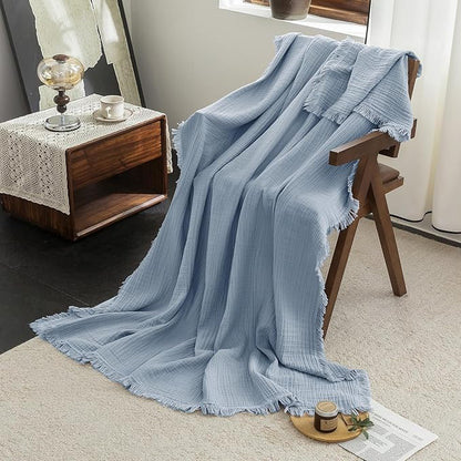 FOSSA Muslin Blanket with Fringe - 4-Layer 100% Cotton Gauze Super Soft & Breathable Throw -Lightweight Decorative Cooling Blanket for Bed, Sofa, Office (Cornflower Blue, Throw XL (50" × 70"))