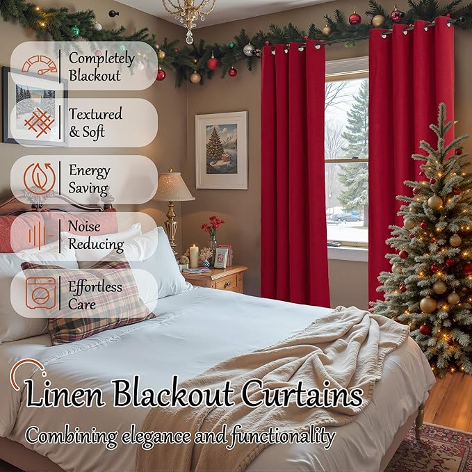Lajode Red Linen Blackout Christmas Curtains for Living Room - Thermal Insulated Heavy Curtains 84 Inch Long, Thick Light Blocking Soundproof Curtains for Winter Bedroom Each 52x84 Inch 2 Panels