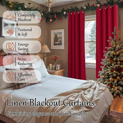 Lajode Linen Blackout Christmas Curtains - Red Thermal Insulated Curtains 90 Inch Long for Bedroom Living Room, Thick Heavy Light Blocking Energy Saving Soundproof Drapes Each 52x90 Inch 2 Panels