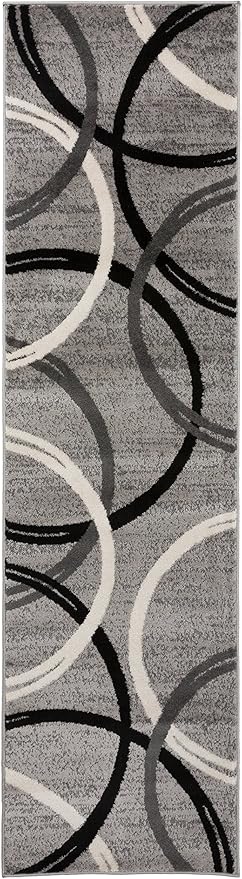 Rugshop Wavy Circles Design Runner Rug, Non-Shedding Carpet for Hallway, Kitchen, or Entryway, Gray, 2'7" x 12'