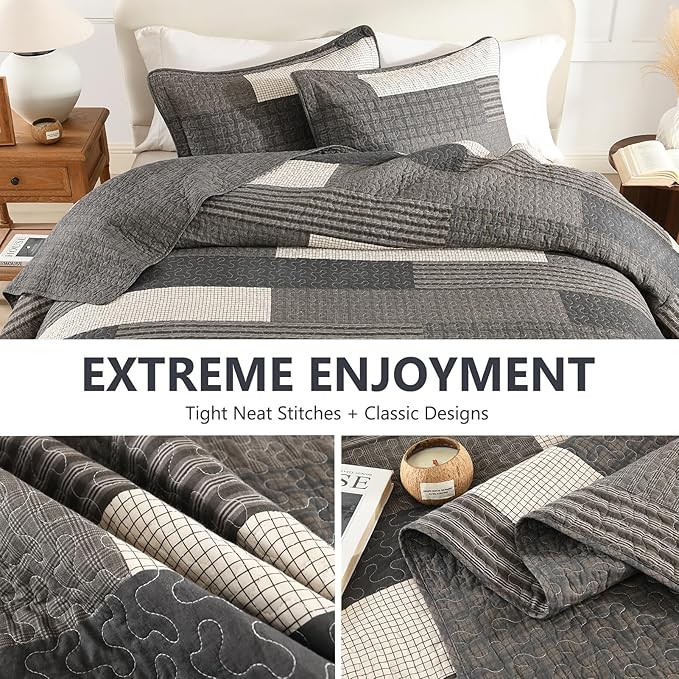 100% Cotton Quilt Set Queen Size - Plaid Quilted Comforter, Patchwork Striped Queen Quilt Bedspread, Modern Farmhouse Lightweight Bedding for Queen Bed, 3pcs, Charcoal/Gray/Taupe/Beige