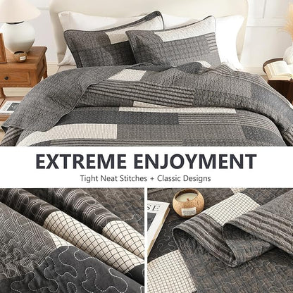 100% Cotton Quilt Set Queen Size - Plaid Quilted Comforter, Patchwork Striped Queen Quilt Bedspread, Modern Farmhouse Lightweight Bedding for Queen Bed, 3pcs, Charcoal/Gray/Taupe/Beige