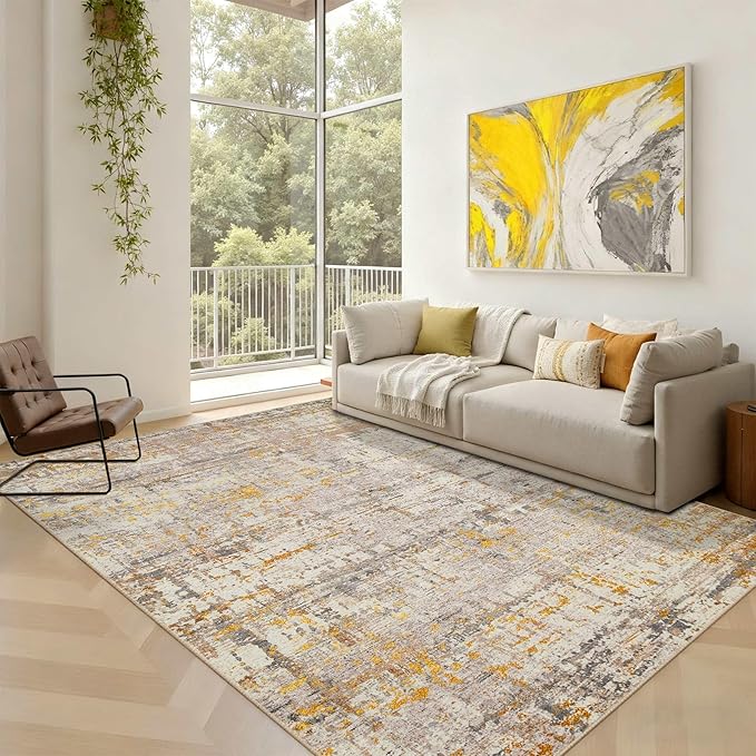 5x7 Area Rugs for Bedroom Living Room,Non-Slip Washable Modern Neutral Abstract Rugs for Dining Room, Foldable Thin Indoor Carpet Stain Resistant(Beige Gold)