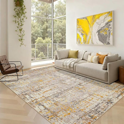 5x7 Area Rugs for Bedroom Living Room,Non-Slip Washable Modern Neutral Abstract Rugs for Dining Room, Foldable Thin Indoor Carpet Stain Resistant(Beige Gold)