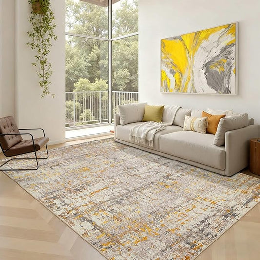 5x7 Area Rugs for Bedroom Living Room,Non-Slip Washable Modern Neutral Abstract Rugs for Dining Room, Foldable Thin Indoor Carpet Stain Resistant(Beige Gold)