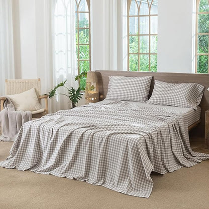 MooMee Gingham Sheet Set 100% Washed Cotton Linen Like Textured Breathable Soft w/Fully Elasticized 16-19" Deep Pocket (Classic Gingham Tannish Linen Grey, Queen)