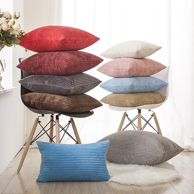 Home Brilliant Pillow Covers 18x18 Decorative Throw Pillows for Couch Dark Red Soft Plush Corduroy Striped Throw Pillow Covers Set of 2 for Sofa Couch Bed Valentine's Decor, 18 x 18 Inch, Burgundy