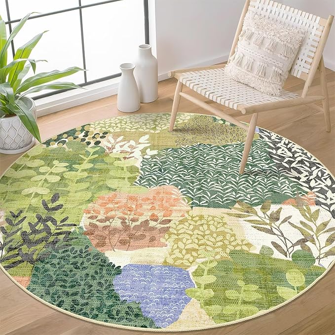 DEXDE Round Rug 6ft Washable Circle Area Rugs Non Slip Low Pile Boho Floral Large Circular Carpet for Bedroom Bathroom Entryway Kids Room Office Dining Room,Green