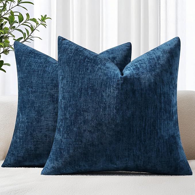 decorUhome Chenille Navy Blue Spring Throw Pillow Covers 24x24 Inch Set of 2, Decorative Soft Couch Pillow Covers Solid Dyed Accent Farmhouse Neutral Square Pillow Cases for Sofa