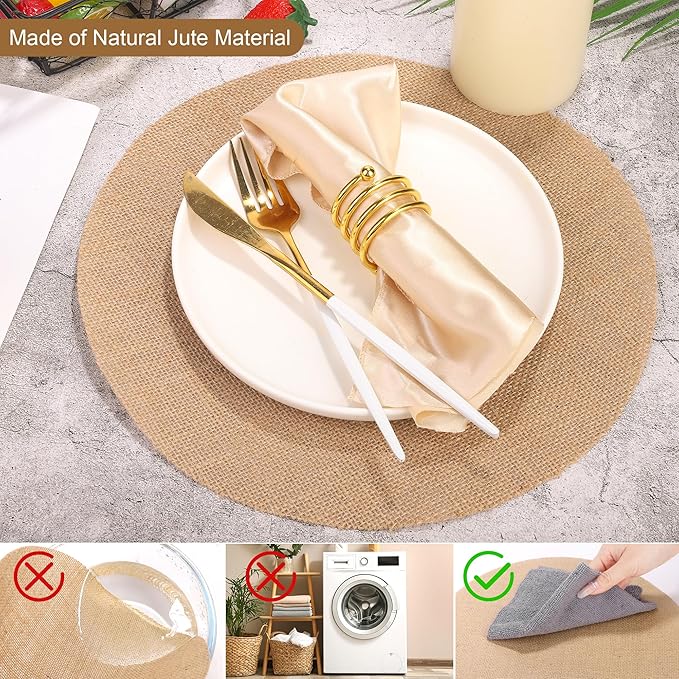 Aneco 100 Pieces Round Burlap Placemats 11.8 Inch Reusable Brown Table Mats Heat Resistant Natural Jute Fibers Placemats Burlap Circle Rustic Table Decorations for Dinner Holiday Farmhouse Decor