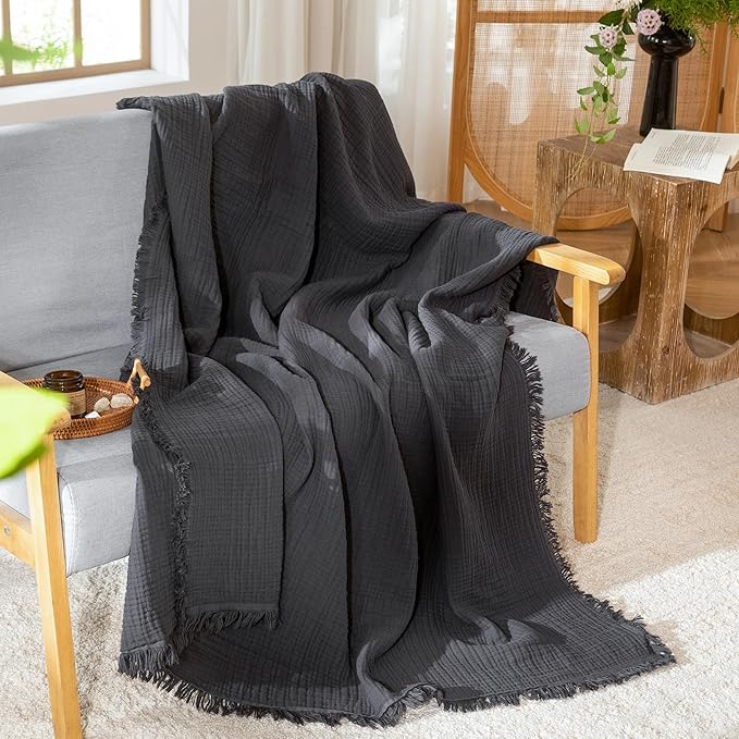 MooMee Muslin Blanket - 100% Cotton 4-Layer Gauze Throw Blanket with All-Around Fringe, Ultra-Soft Breathable Lightweight Cooling Decorative for Bed, Sofa & Couch (Dark Grey,Throw 60" x 50")