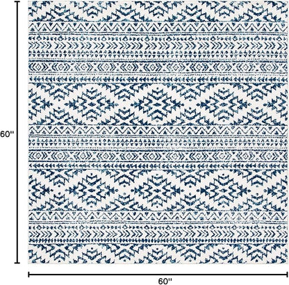 SAFAVIEH Tulum Collection Area Rug - 5' Square, Ivory & Navy, Moroccan Boho Tribal Design, Non-Shedding & Easy to Clean, Ideal for Living Room, Bedroom, Dining Space (TUL272D)