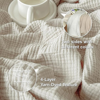 Simple&Opulence 100% Cotton Muslin Blanket, Lightweight Breathable 4 Layering Soft Cotton Throw Blanket,Gauze Blanket for Bed Couch Camping All-Season Use (Beige, 50"x60")