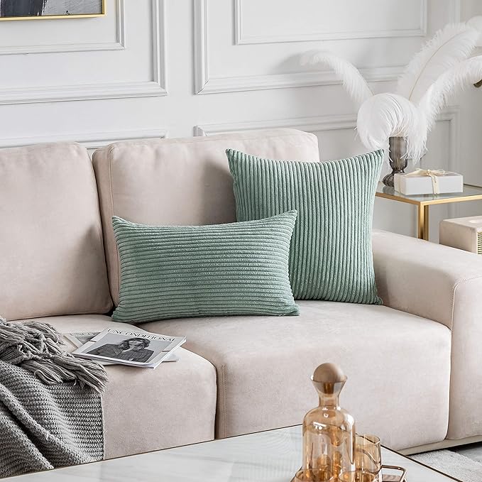 Home Brilliant Spring Pillow Covers 20x20 inch Solid Supersoft Corduroy Stripes Square Throw Pillows for Couch Decor, 50x50cm, 20 x 20 Inch, Iceburg Green