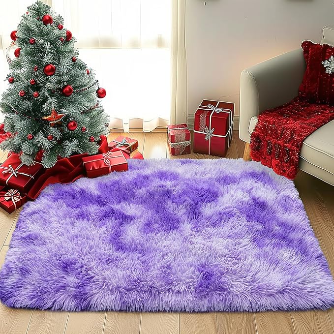 Small Rugs for Bedroom, Fuzzy Throw Rug for Living Room Dorm, Soft Fluffy Bedroom Rug, Non Slip Shag Rugs, Modern Indoor Home Decor Aesthetic, 2x3 Feet, Tie-Dyed Purple