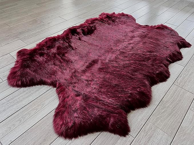 Free Shape Luxury Soft Fluffy Shag Area Rug Single Quarto 4 Pelts 4'x6',120x180 cm - Vegan Fur Ultra Soft Indoor Carpet Nursery Rugs for Bedroom Home Decor, Burgundy