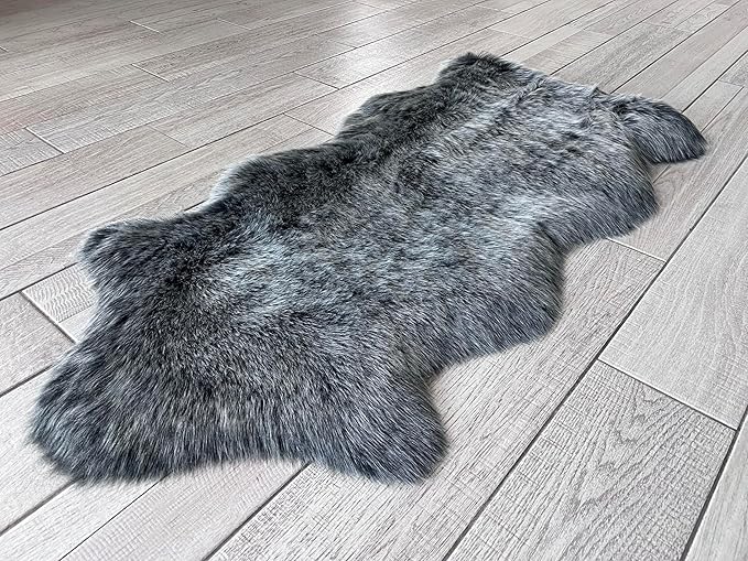 Free Shape Luxury Soft Fluffy Shag Area Rug Single and a Half 2'x4', 60x120cm - Vegan Fur Ultra Soft Indoor Carpet Nursery Rugs for Bedroom Home Decor, Black with White Tips