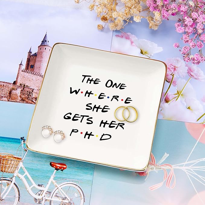 NZY Doctorates Degree Doctor Student Graduate Gift for Best Friend Daughter Cousin Sister,Unique PhD Graduation Gift for Her-The One Where She Gets Her PHD,Jewelry Tray Ring Dish Trinket Holder