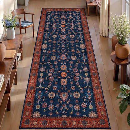Tangsoo 2.6x12 Washable Runner Rug for Hallway Non Slip, Boho Floral Vintage Red Blue Carpet Long Runner Rugs for Entryway Kitchen, Floor Low Pile Runners for Laundry Bedroom Alfombra Farmhouse