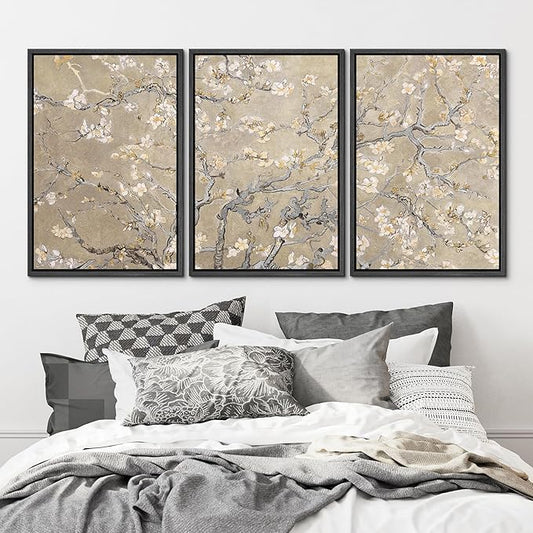 MUDECOR Framed Canvas Print Wall Art Blossoming Branches Vintage Floral Illustrations Realism Decorative for Living Room, Bedroom, Office - 16"x24"x3 Black