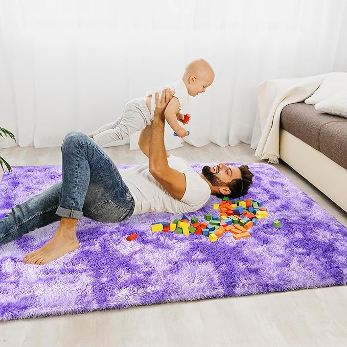 Small Rugs for Bedroom, Fuzzy Throw Rug for Living Room Dorm, Soft Fluffy Bedroom Rug, Non Slip Shag Rugs, Modern Indoor Home Decor Aesthetic, 2x3 Feet, Tie-Dyed Purple